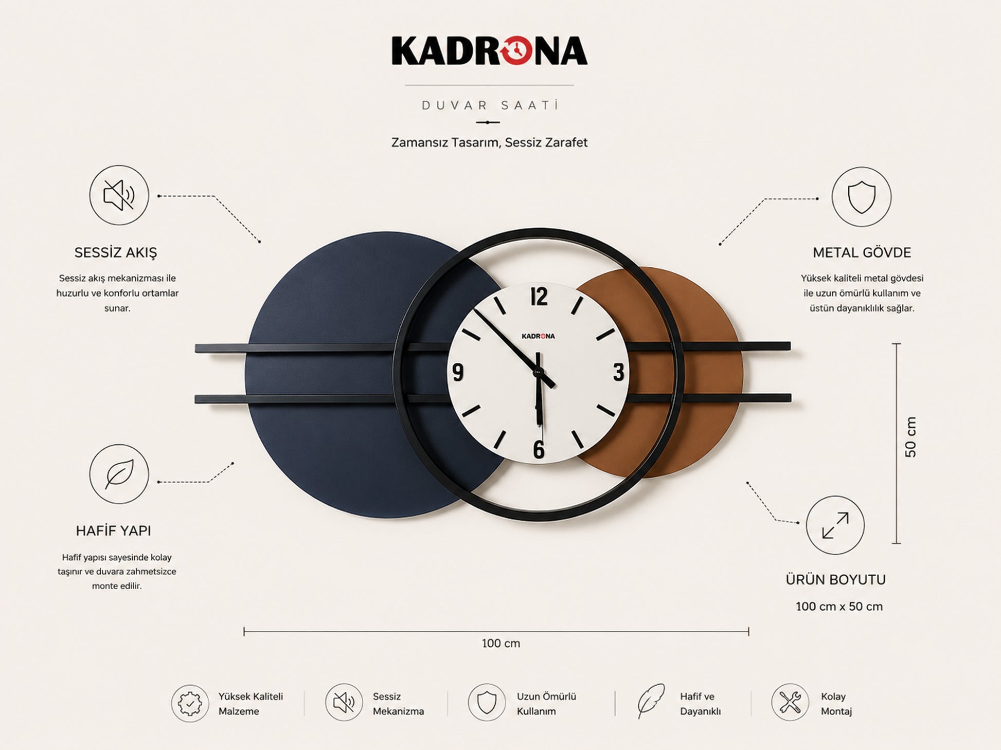 Kadrona Dualis Duvar Saati 100 cm Antrasit Ölçüler