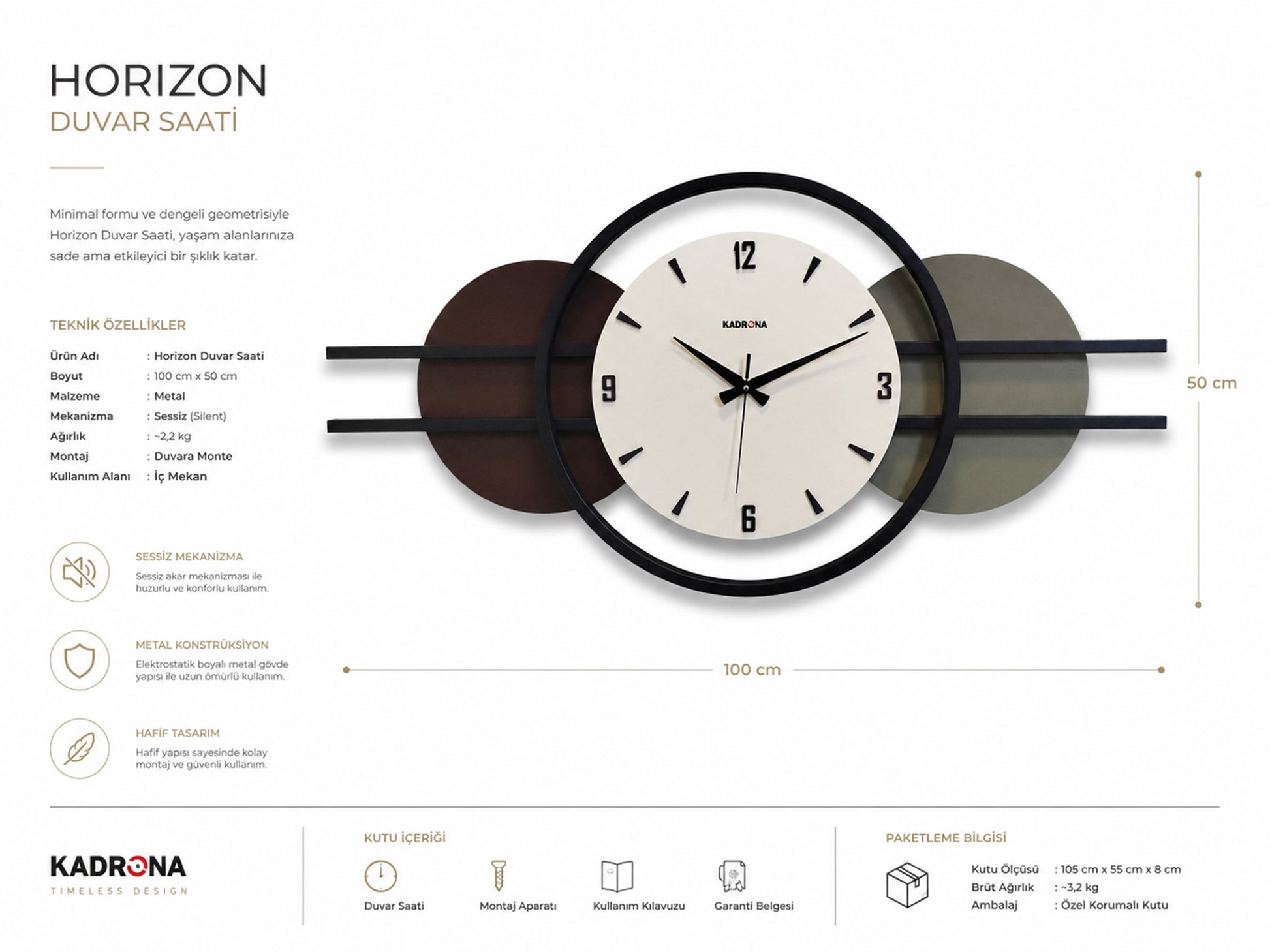 Horizon Ahşap Metal Büyük Duvar Saati 